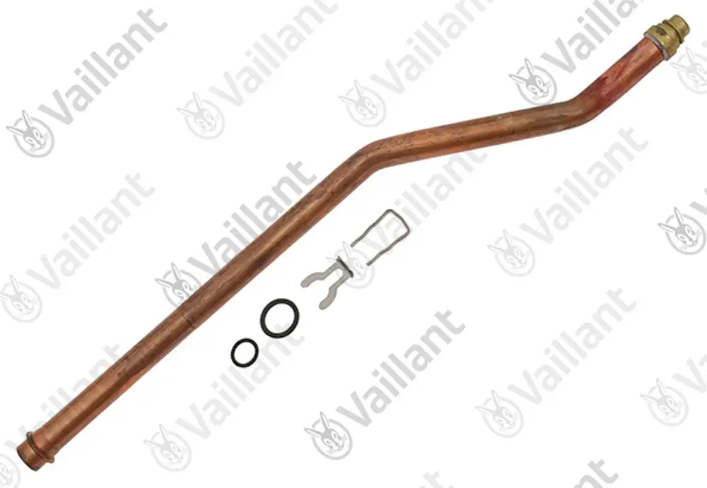 Kupferrohr von Vaillant mit gebogenem Verlauf, begleitet von O-Ringen und einer Sicherungselement, geeignet für Heizungs- oder Sanitärinstallationen.